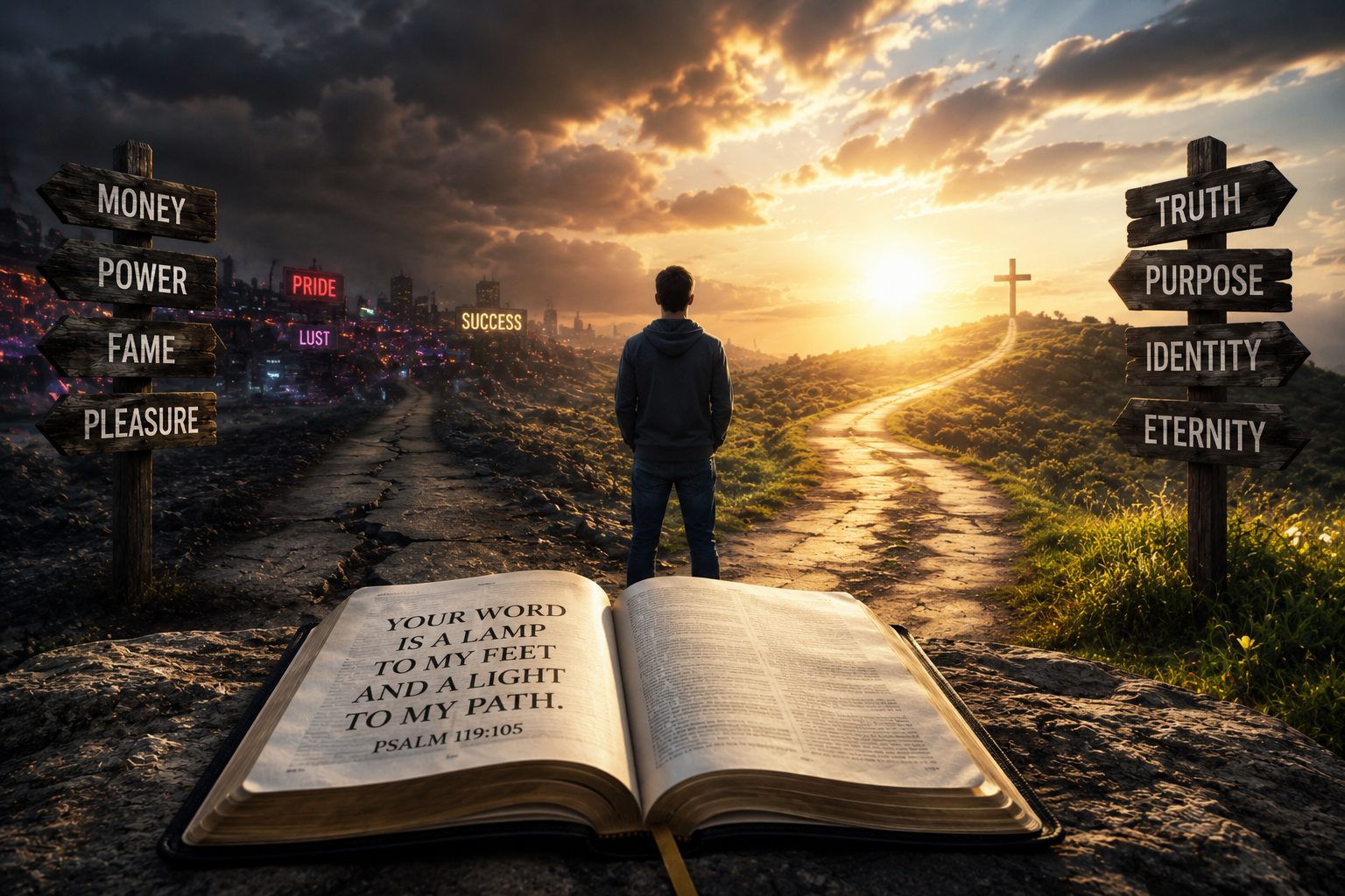 A person stands at a cracked fork in a sunlit road; left signposts read Money, Power, Fame, Pleasure, right read Truth, Purpose, Identity, Eternity, with an open Bible in the foreground.